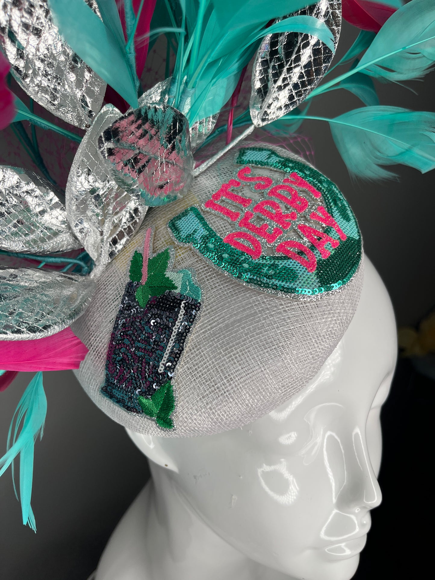 It’s Derby Day Turquoise and Hot Pink  Mint Julep Statement Fascinator with Metallic Leaf Detail Kentucky Derby