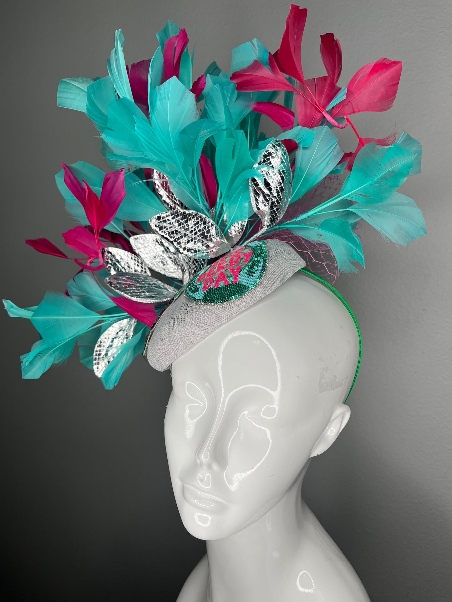 It’s Derby Day Turquoise and Hot Pink  Mint Julep Statement Fascinator with Metallic Leaf Detail Kentucky Derby