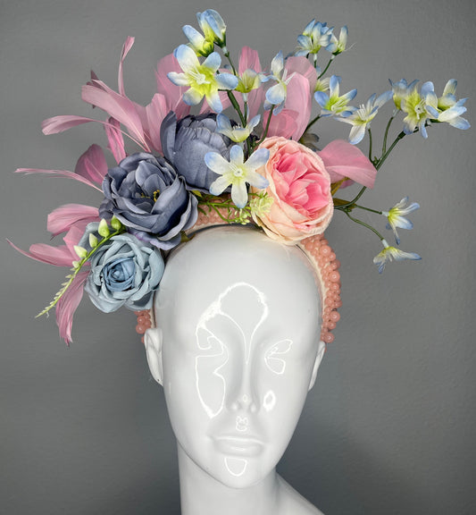 Kentucky Derby Pastel Garden Fascinator  Blush Pink, Powder Blue Floral Statement Headpiece