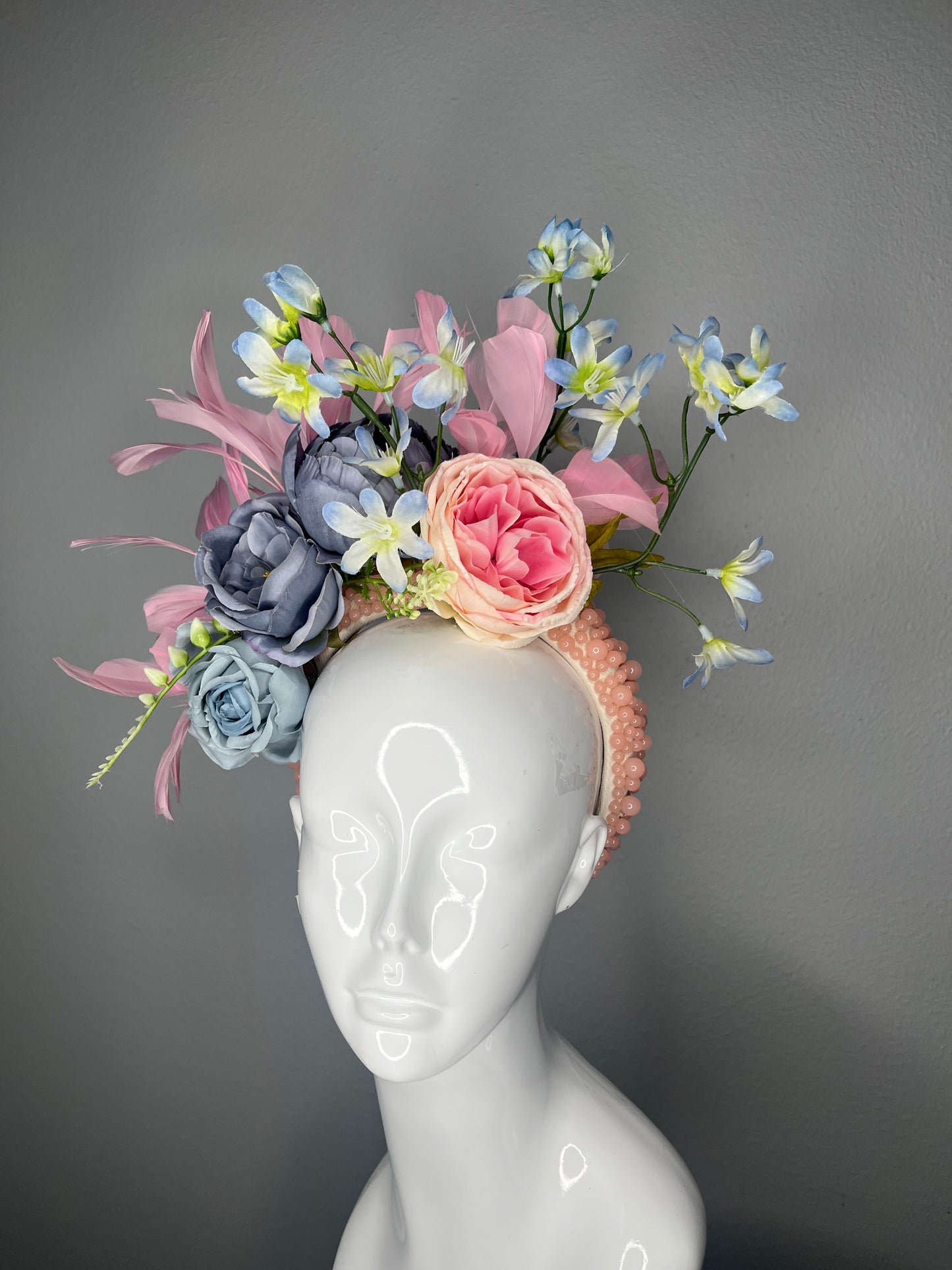 Kentucky Derby Pastel Garden Fascinator  Blush Pink, Powder Blue Floral Statement Headpiece