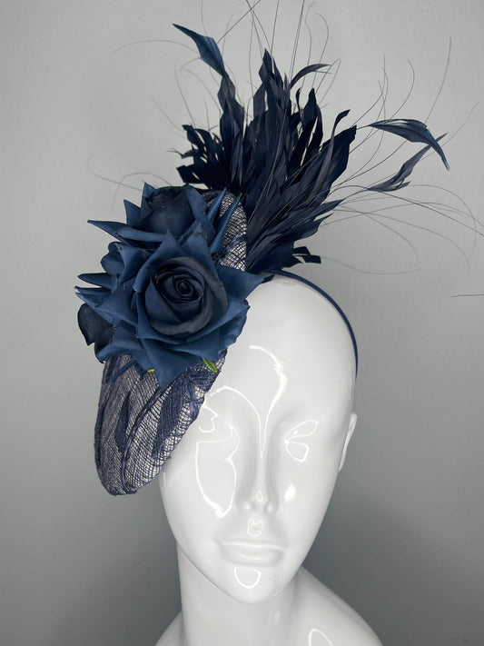 Hand-Blocked Midnight Blue Rose Fascinator – Navy Feather Derby Hat, Sculpted Statement Headpiece