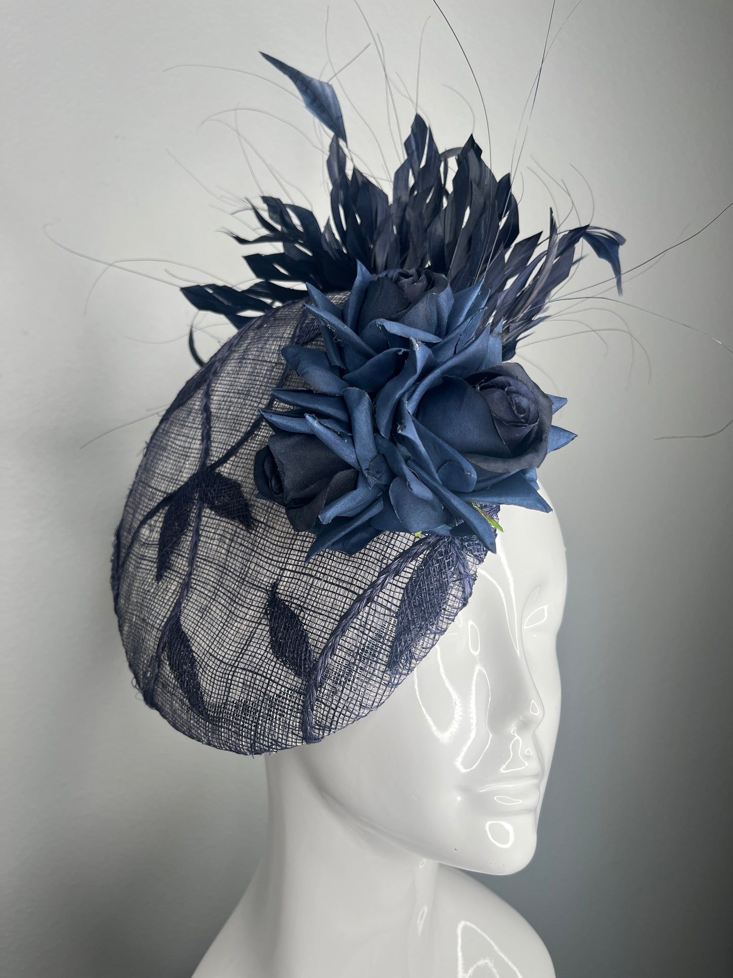 Hand-Blocked Midnight Blue Rose Fascinator – Navy Feather Derby Hat, Sculpted Statement Headpiece