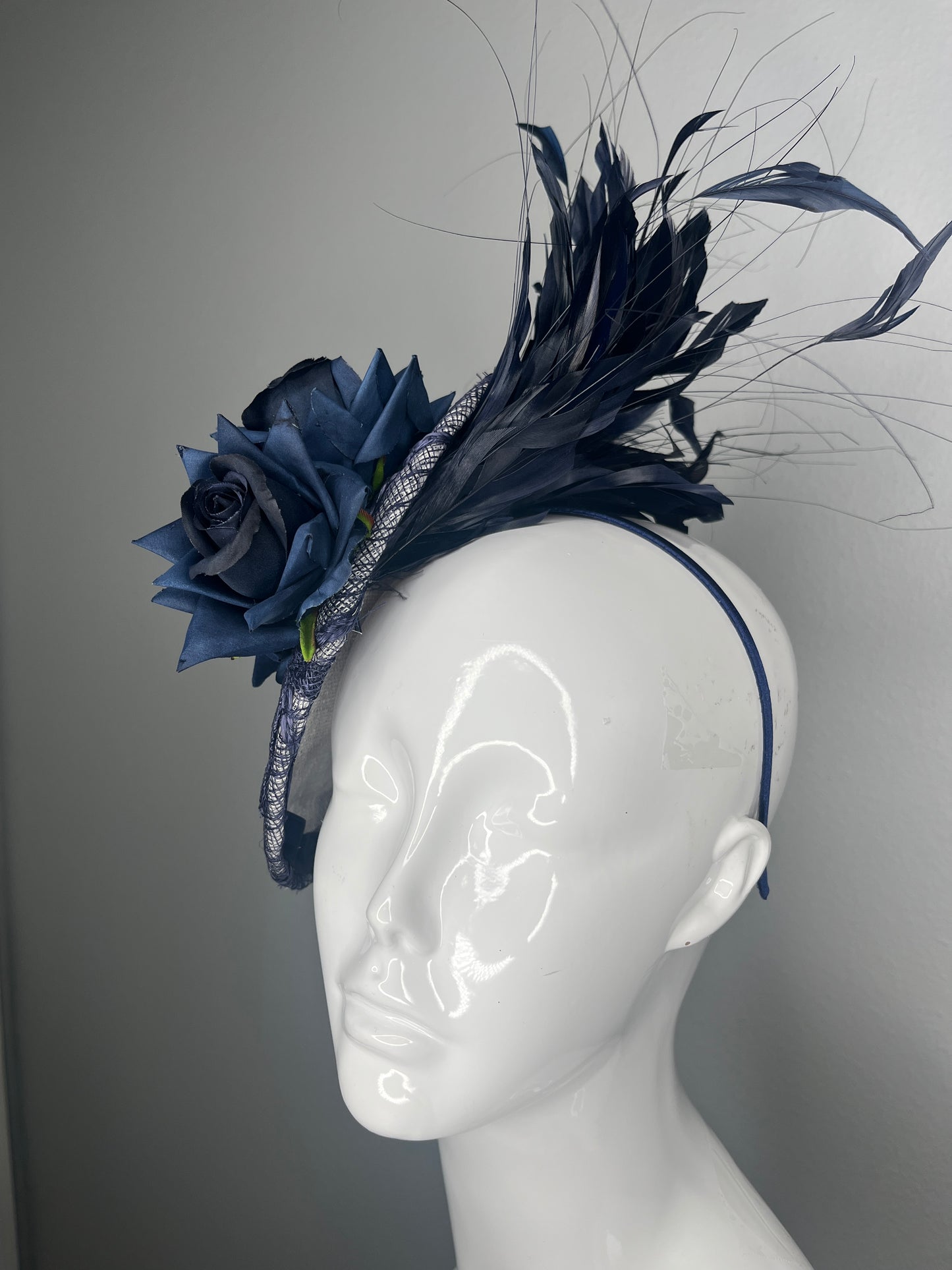Hand-Blocked Midnight Blue Rose Fascinator – Navy Feather Derby Hat, Sculpted Statement Headpiece