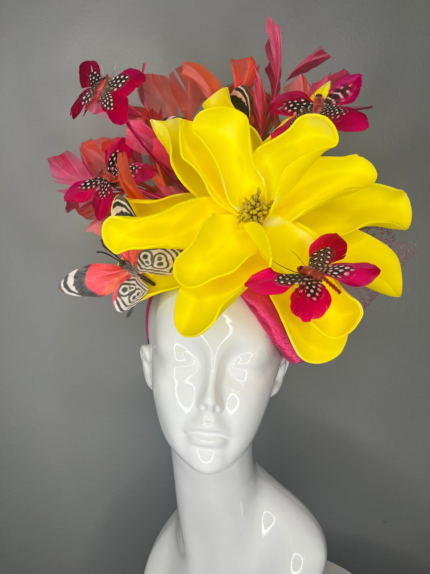 Kentucky Derby Yellow Floral Fascinator | Bold Statement Hat with Vintage Butterflies | Bright Spring Racing Headpiece