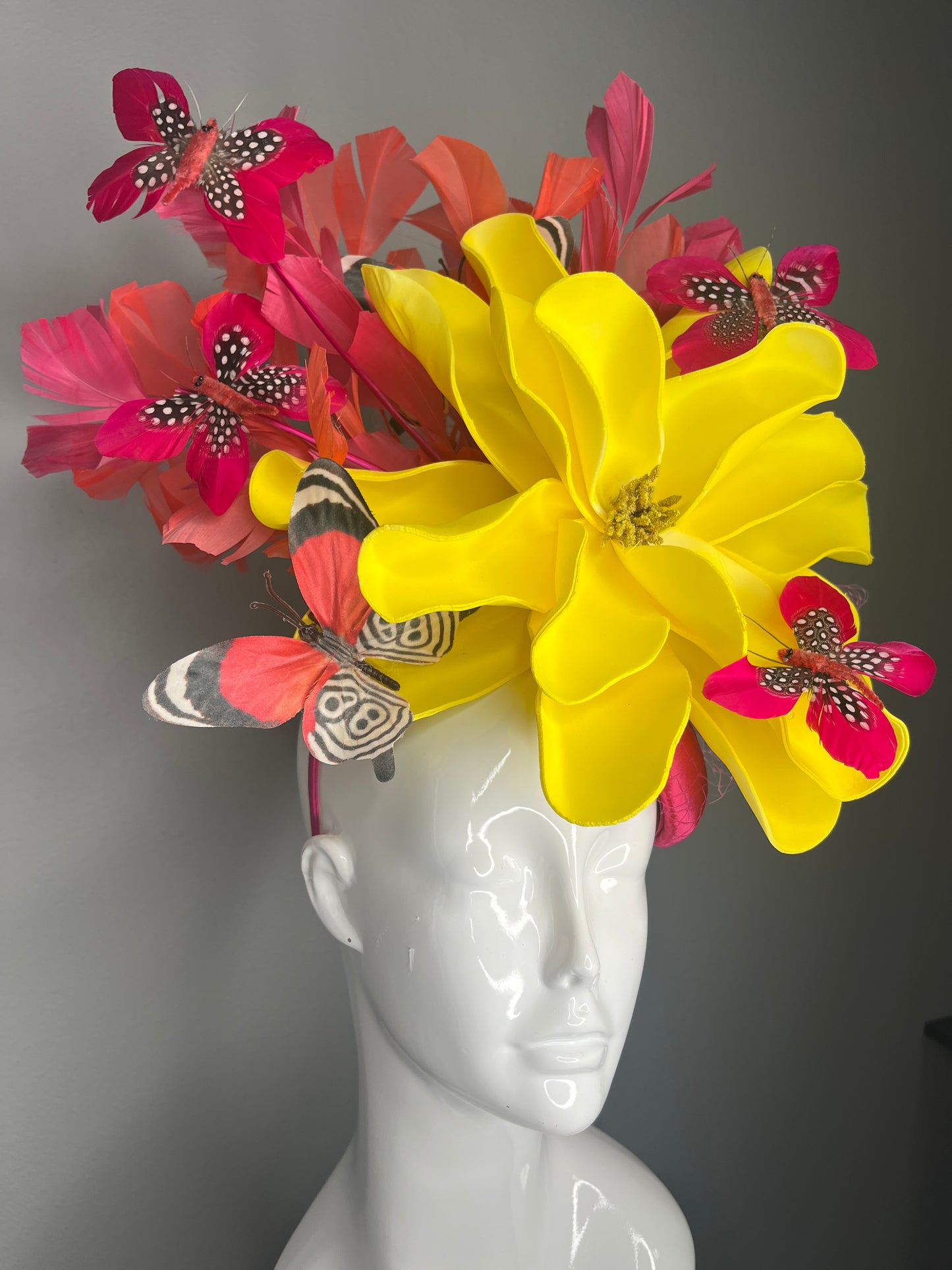 Kentucky Derby Yellow Floral Fascinator | Bold Statement Hat with Vintage Butterflies | Bright Spring Racing Headpiece