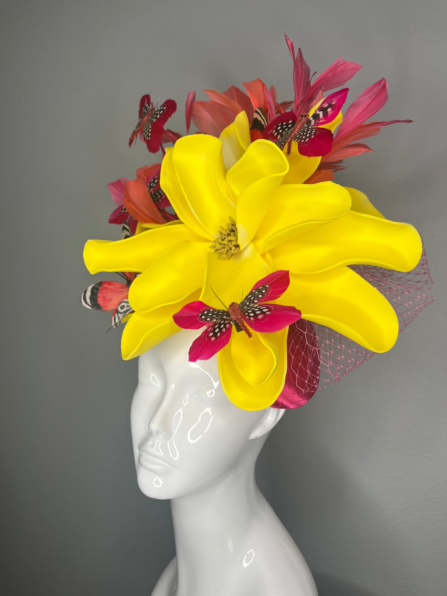 Kentucky Derby Yellow Floral Fascinator | Bold Statement Hat with Vintage Butterflies | Bright Spring Racing Headpiece