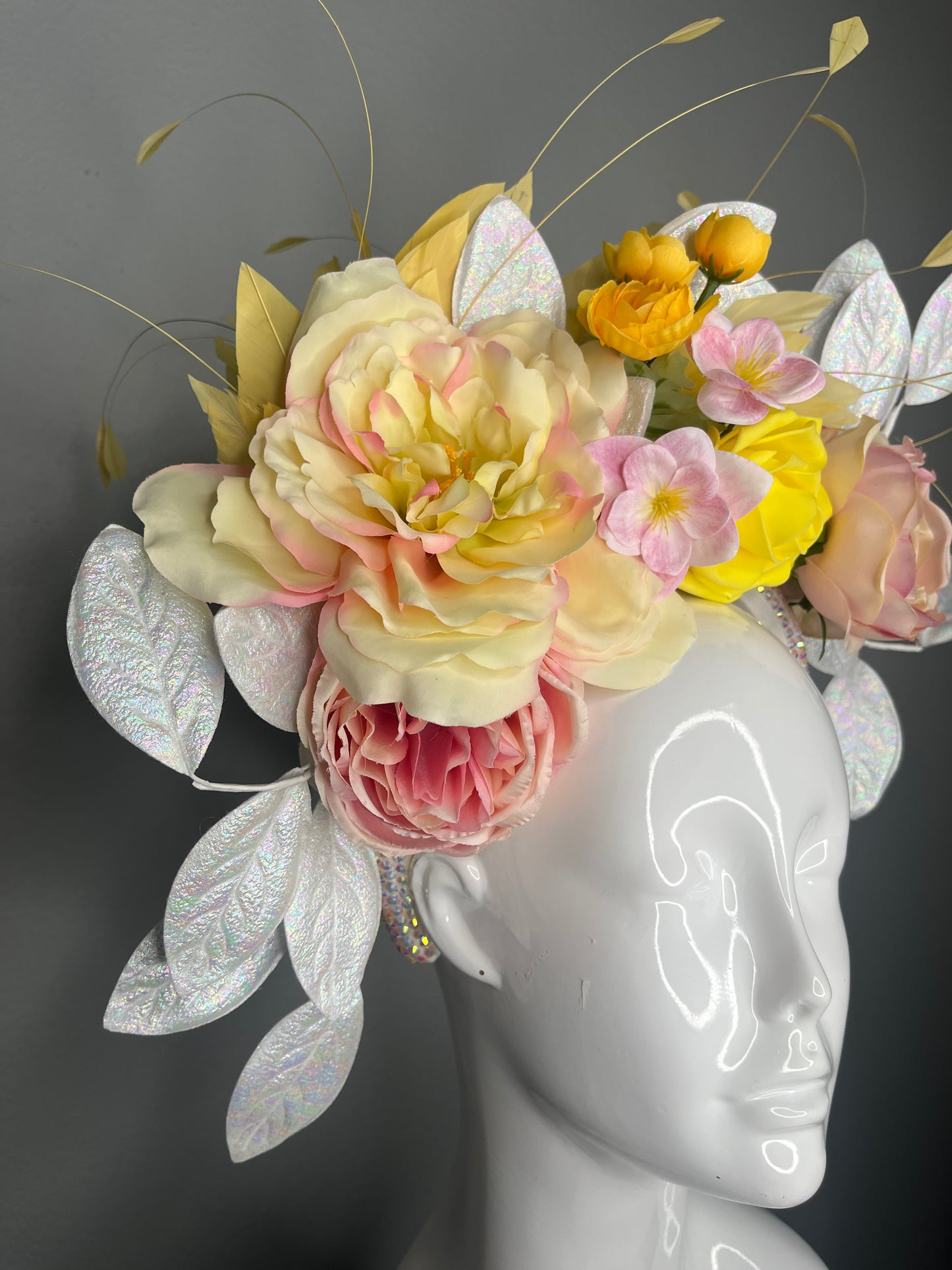 Golden Garden Bloom Fascinator  Yellow and Blush Pink Floral Derby Headpiece with Iridescent Leaves