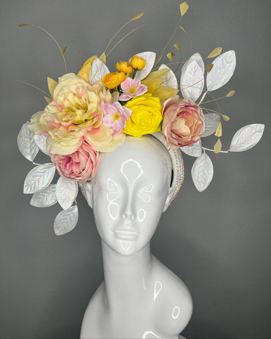 Golden Garden Bloom Fascinator  Yellow and Blush Pink Floral Derby Headpiece with Iridescent Leaves