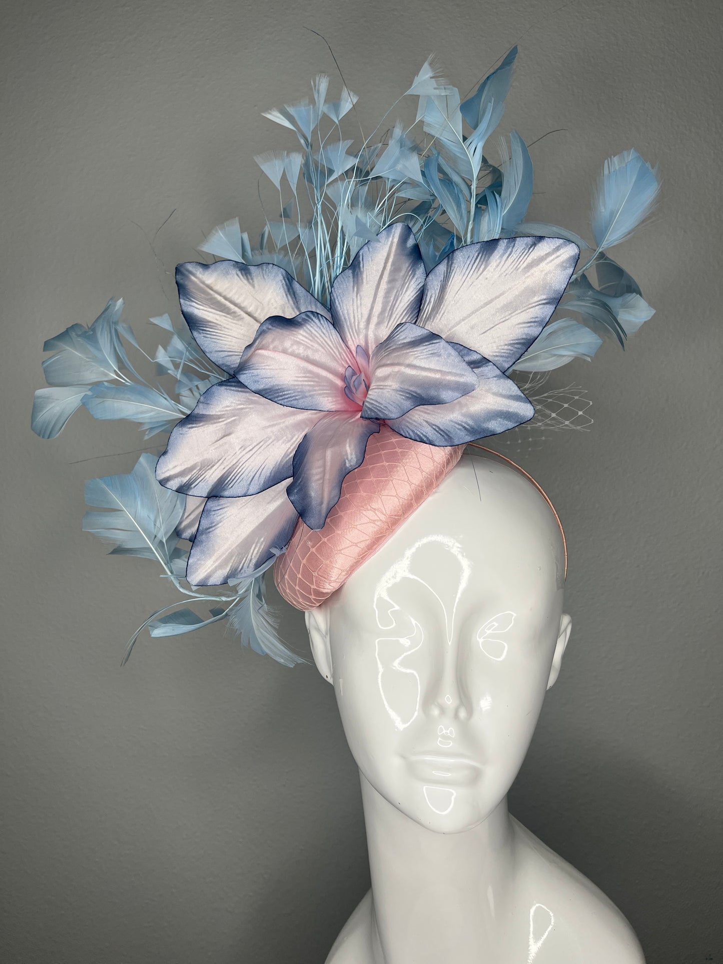 Blush Pink and Sky Blue Bloom Fascinator  Vintage Floral Kentucky Derby Hat  Pastel Blue Feather Headpiece