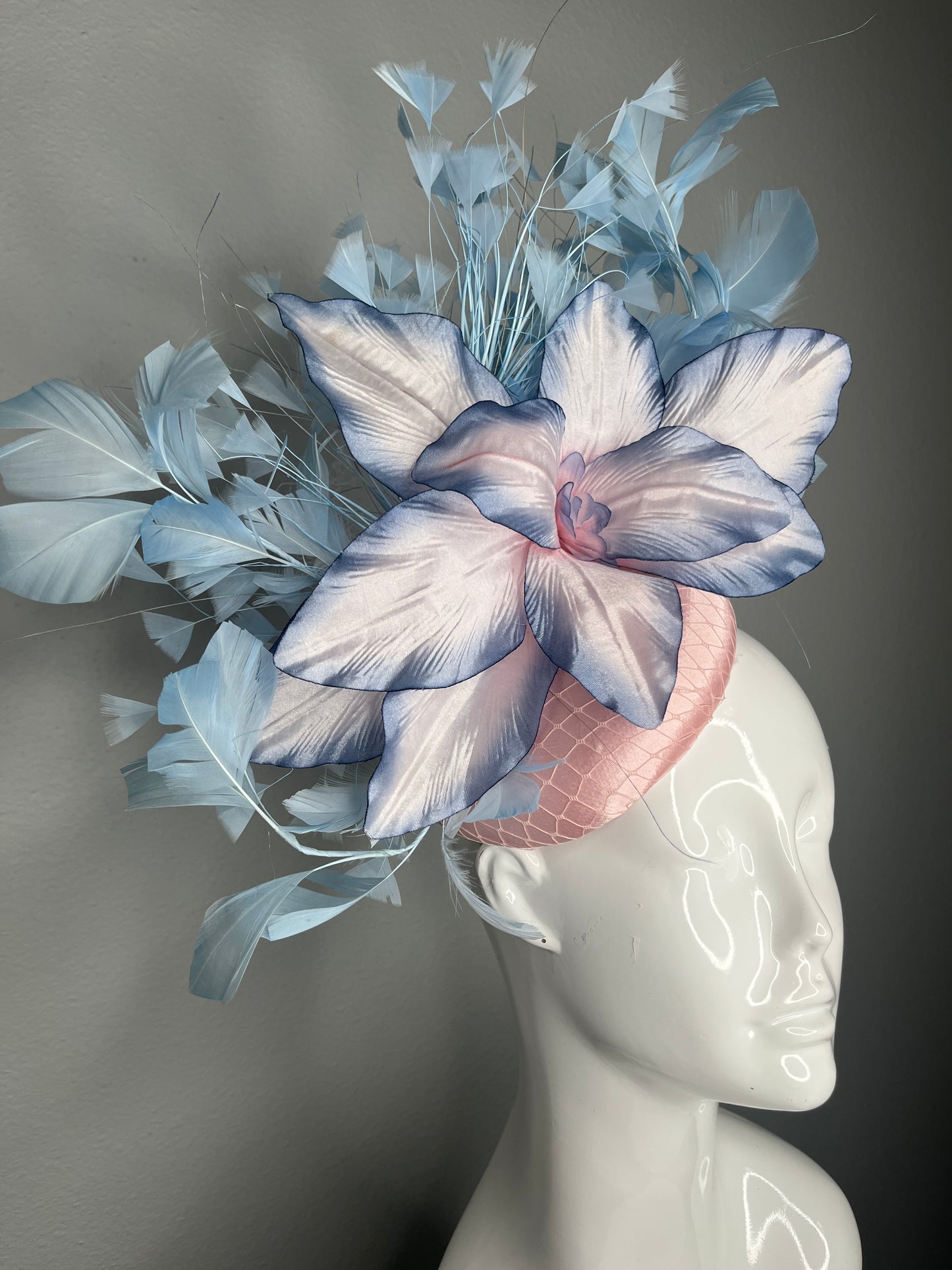 Blush Pink and Sky Blue Bloom Fascinator  Vintage Floral Kentucky Derby Hat  Pastel Blue Feather Headpiece