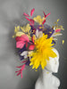 Vibrant Garden Statement Fascinator Yellow Bloom with Fuchsia Purple  Feather Spray  Kentucky Derby Hat