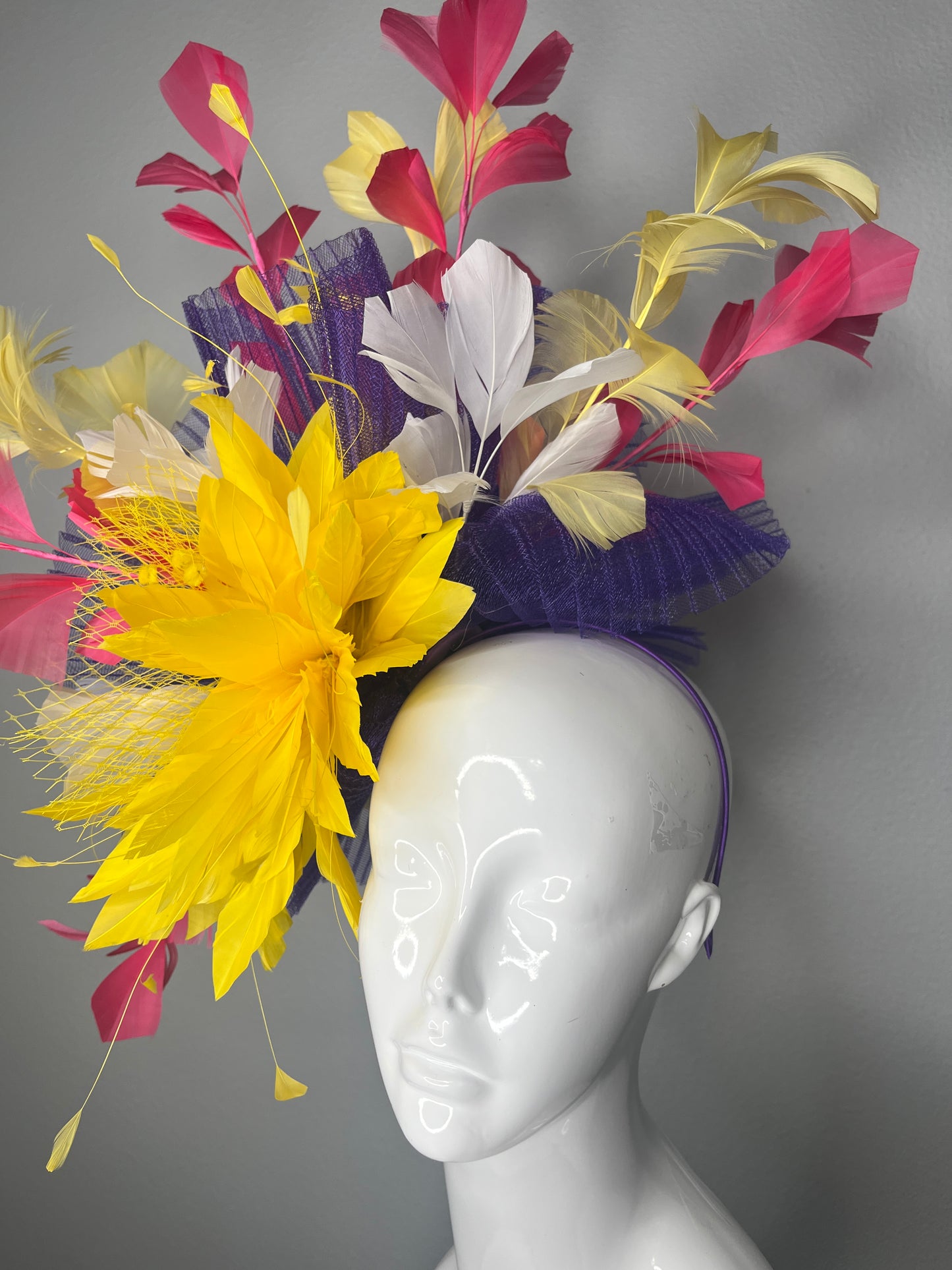 Vibrant Garden Statement Fascinator Yellow Bloom with Fuchsia Purple  Feather Spray  Kentucky Derby Hat