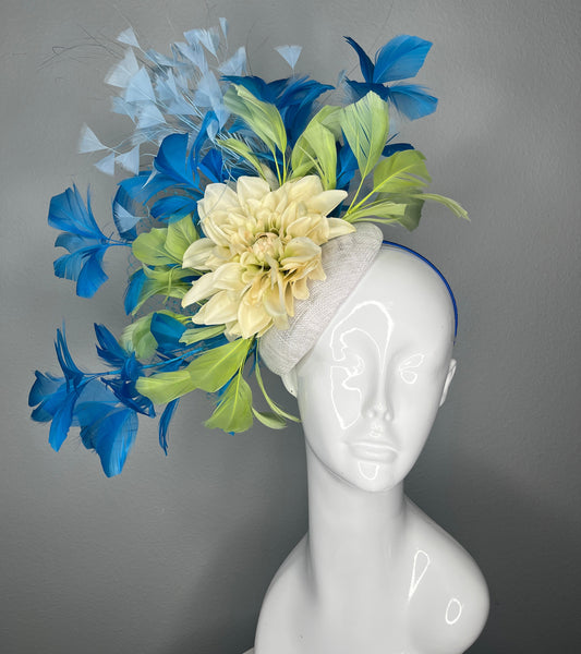 Vibrant Turquoise Blue and  Lime Green Feathered Ivory Bloom Statement Fascinator Kentucky Derby