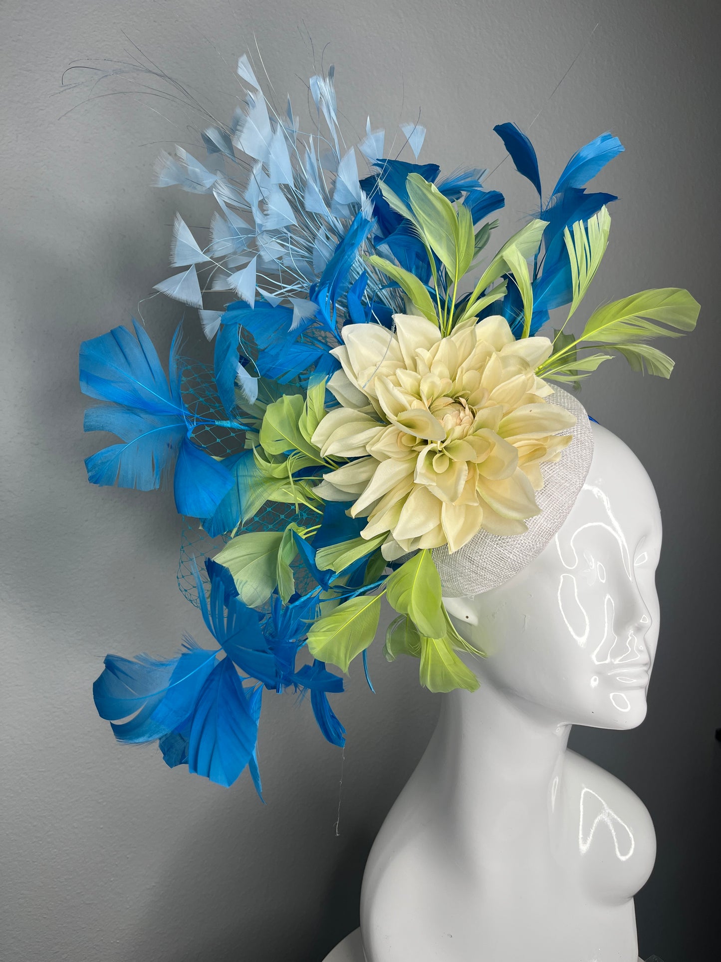 Vibrant Turquoise Blue and  Lime Green Feathered Ivory Bloom Statement Fascinator Kentucky Derby