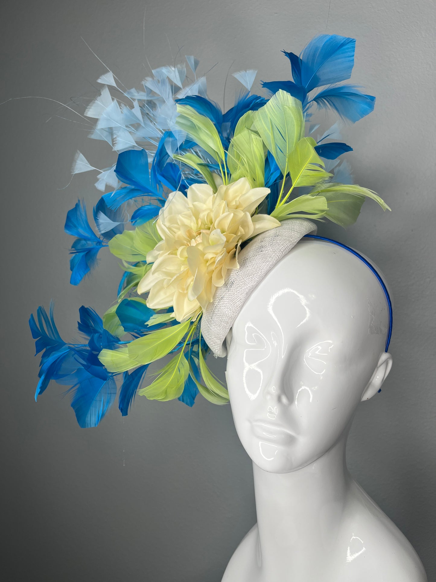 Vibrant Turquoise Blue and  Lime Green Feathered Ivory Bloom Statement Fascinator Kentucky Derby
