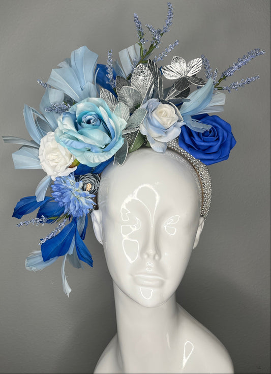 Icy Blue and Royal Sapphire Statement Fascinator with Silver Accents and Feather Detail Kentucky Derby