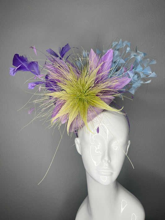 Electric Garden Statement Fascinator | Lavender Purple, Lime and Sky Blue Derby Hat | Bold Feather Floral Headpiece