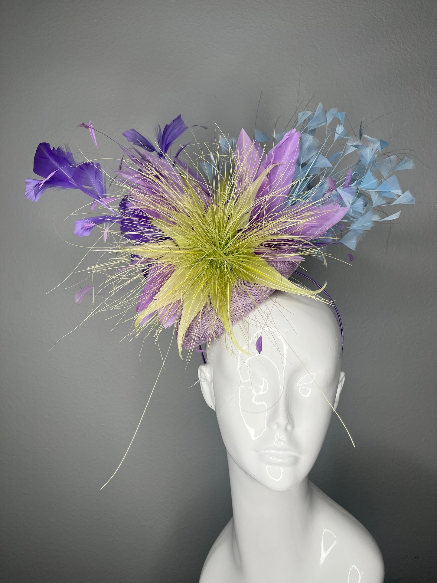 Electric Garden Statement Fascinator | Lavender, Lime and Sky Blue Derby Hat | Bold Feather Floral Headpiece