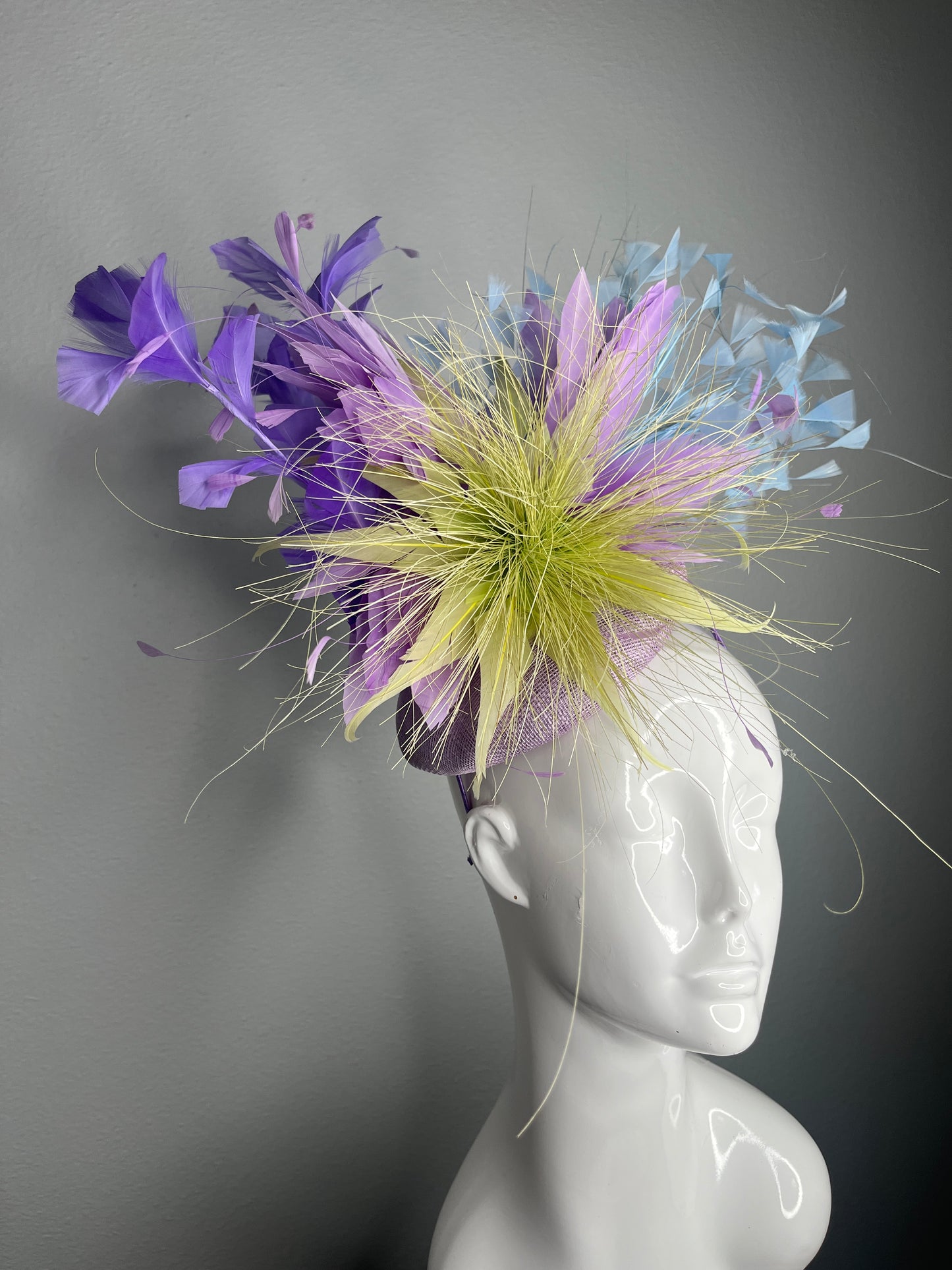 Electric Garden Statement Fascinator | Lavender, Lime and Sky Blue Derby Hat | Bold Feather Floral Headpiece