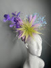 Electric Garden Statement Fascinator | Lavender Purple, Lime and Sky Blue Derby Hat | Bold Feather Floral Headpiece