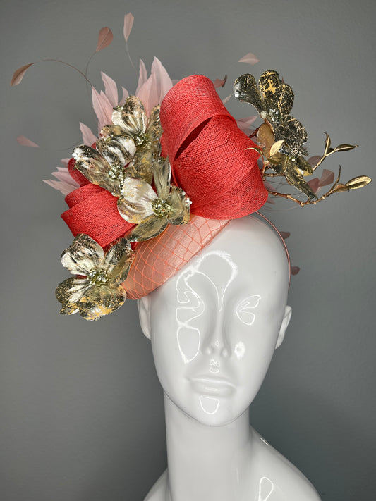 Coral Bloom Couture Fascinator with Gold Floral Accents Sinamay Sculpted Fascinator Hat Kentucky Derby Preakness Belmont