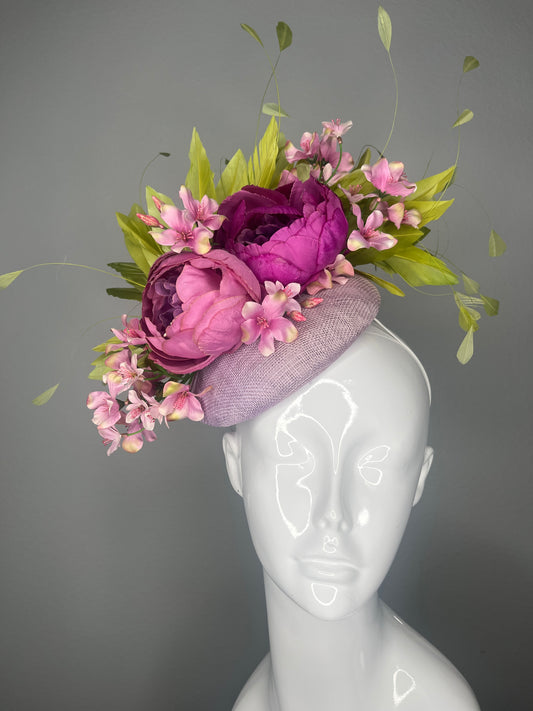 Kentucky Derby Enchanted Garden Fascinator  Lavender Purple and Fuchsia Green Feathers Floral Derby Hat