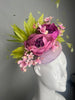 Kentucky Derby Enchanted Garden Fascinator  Lavender Purple and Fuchsia Green Feathers Floral Derby Hat