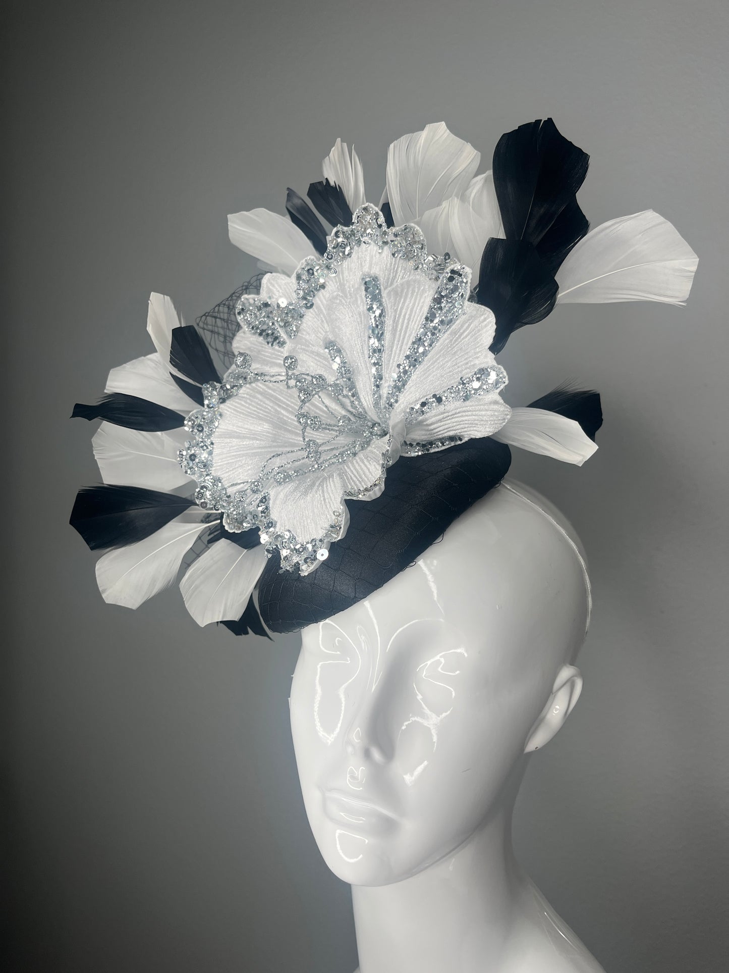Elegant Black Feather  White Feather Kentucky Derby Fascinator Hat  Feather Headpiece Kentucky Derby  Silver Couture Oaks Race Day Fascinator