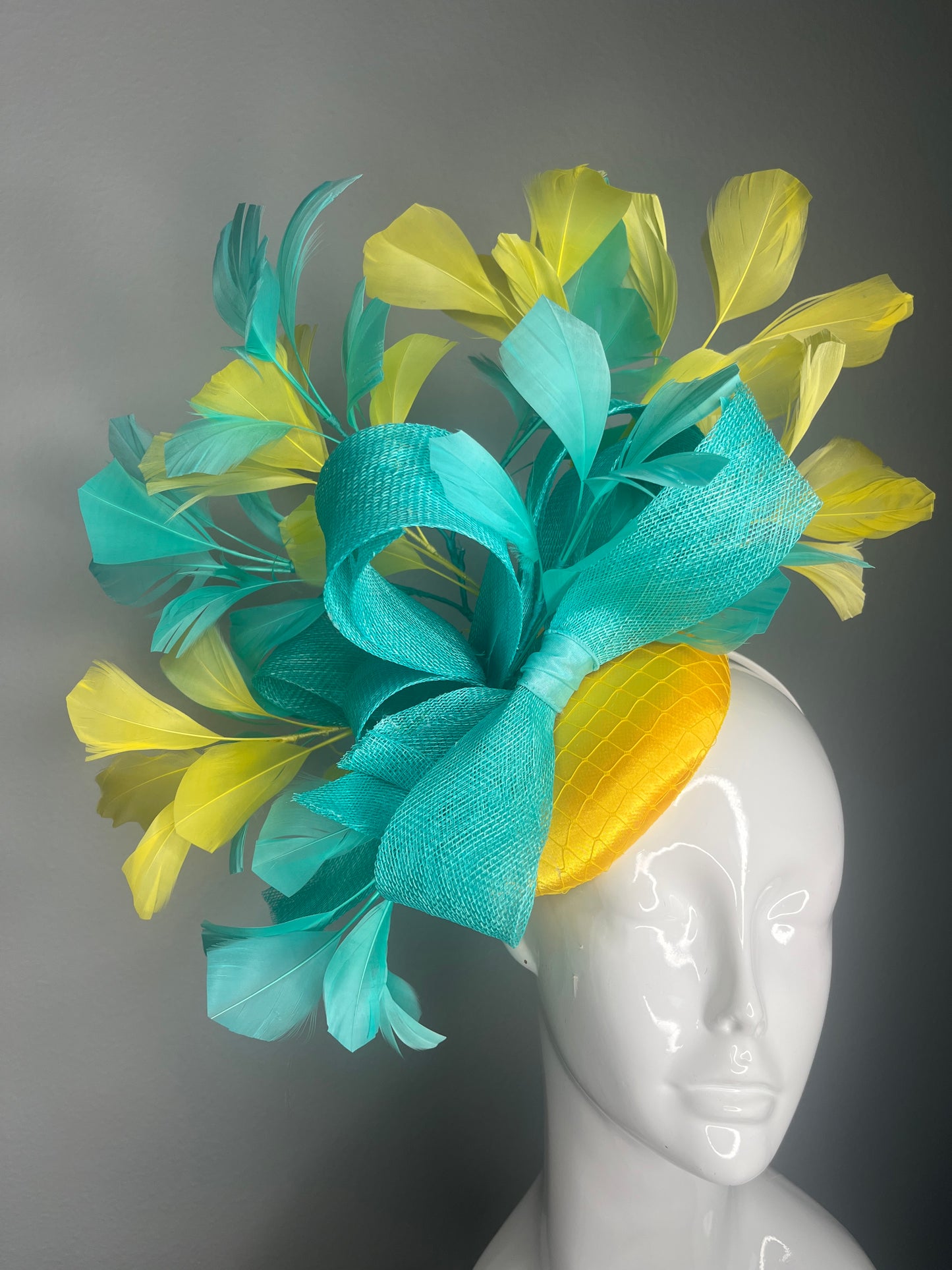 Vibrant Turquoise & Lemon Yellow Kentucky Derby Fascinator Hat  Couture Feather Statement Headpiece Preakness Belmont Raceday