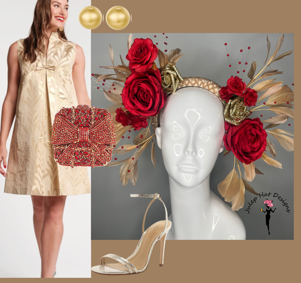 Red & Gold Rose Derby Fascinator | Dramatic Race Day Headpiece | Kentucky Derby Statement Crown | Elegant Floral Hat