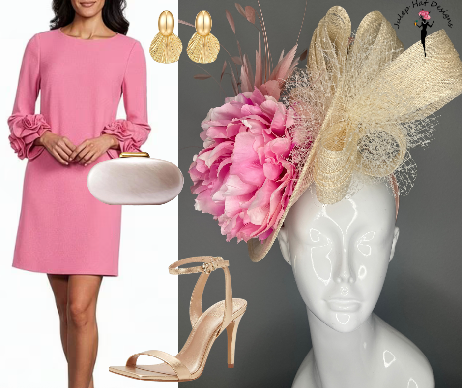 Pink Blush Peony & Natural Sinamay Statement Fascinator Hat
