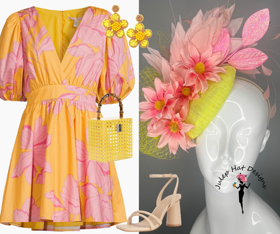 Blush Pink Daisy Floral Fascinator with Feather Accents on Yellow Sinamay Base – Kentucky Derby Statement Hat