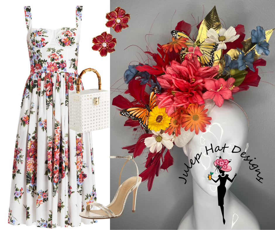 Monarch Garden Statement Fascinator – Bold Floral Derby Headpiece with Butterflies & Gold Leaf