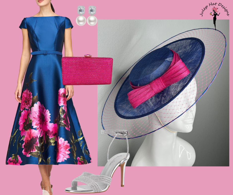 Navy and Magenta Sinamay Disc Fascinator with Sculpted Bow – Kentucky Derby  Oaks Day Headpiece