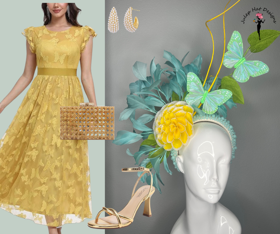 Aqua Garden Butterfly and Golden Bloom Feather Fascinator Hat