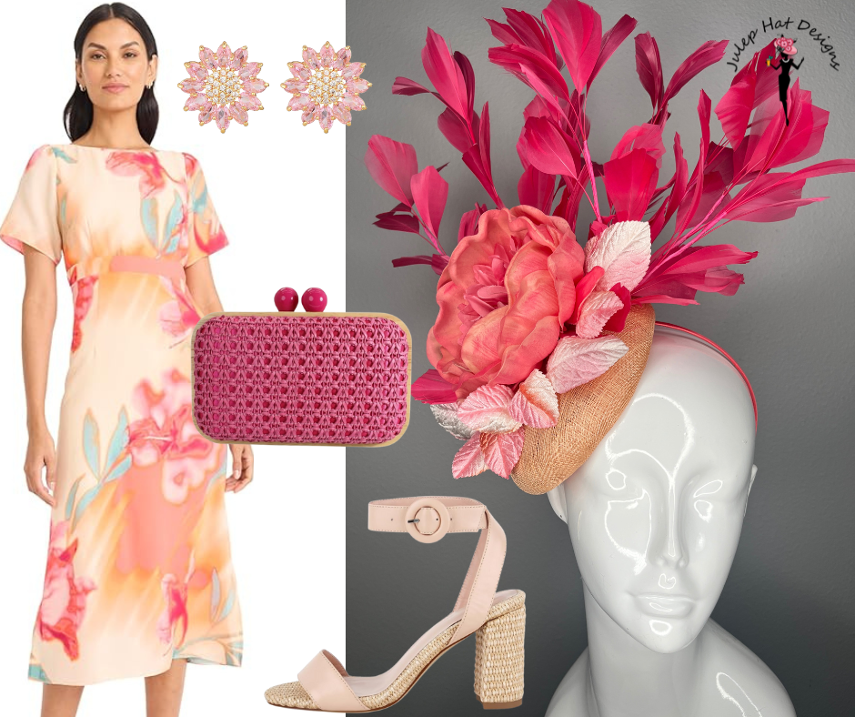 Coral Peony and Fuchsia Feather Fascinator on Peach Sinamay Base