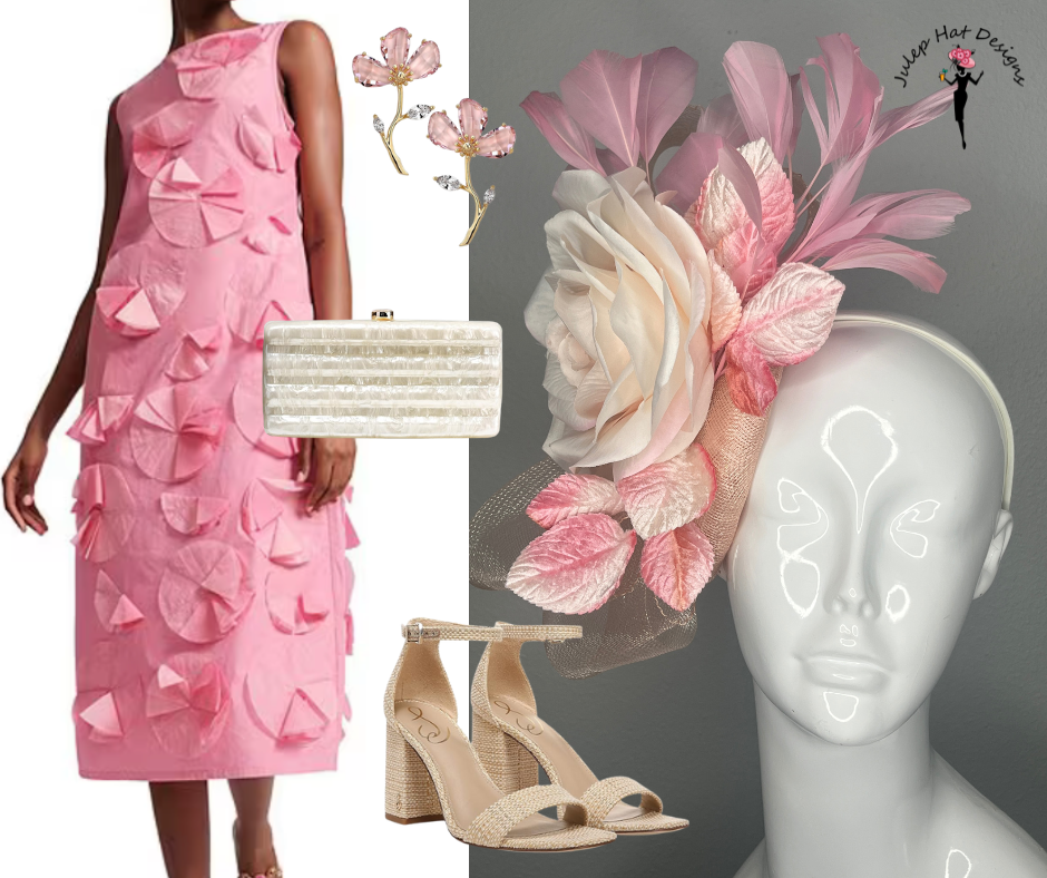 Blush Pink and Ivory Rose Fascinator with Feathers and Velvet Leaves Derby Hat Kentucky Oaks Headpiece