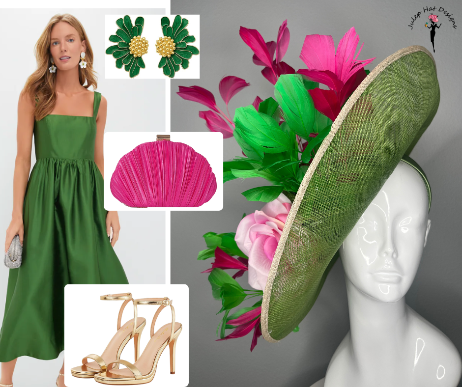 Green Sinamay Fascinator with Pink Floral & Feather Accents – Kentucky Derby Statement Hat
