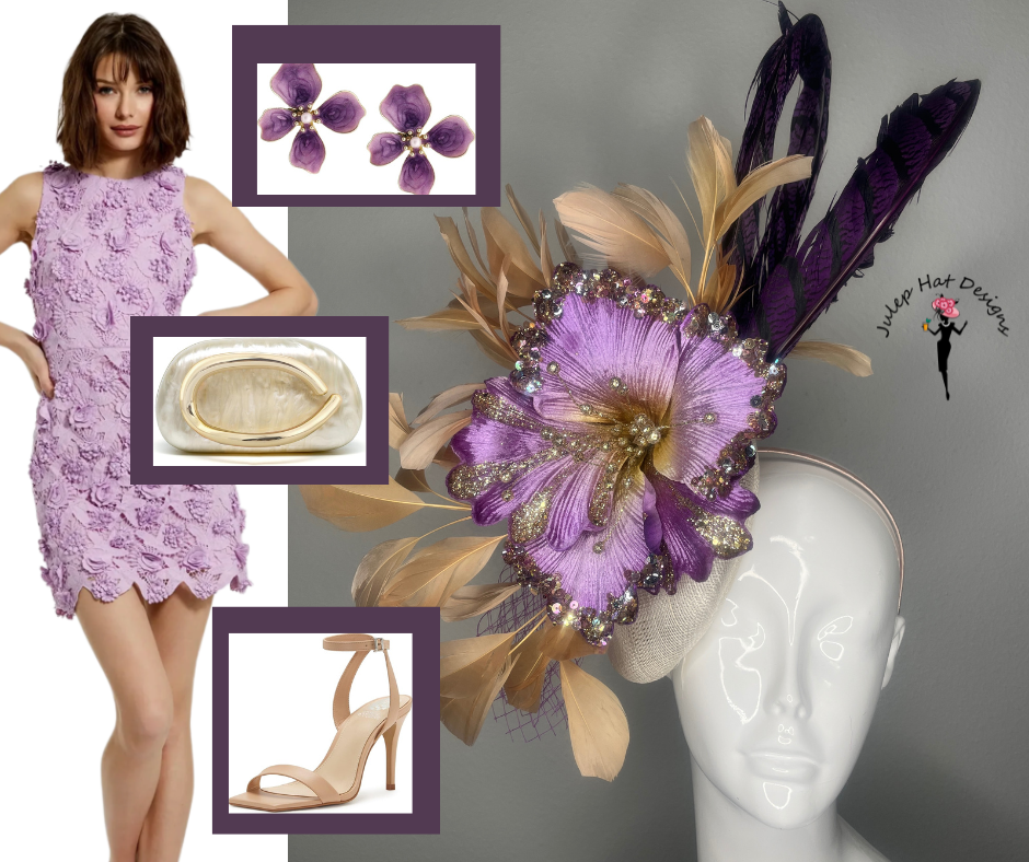 Purple & Gold Statement Fascinator with Beaded Flower and Feather Accents – Kentucky Derby Headpiece