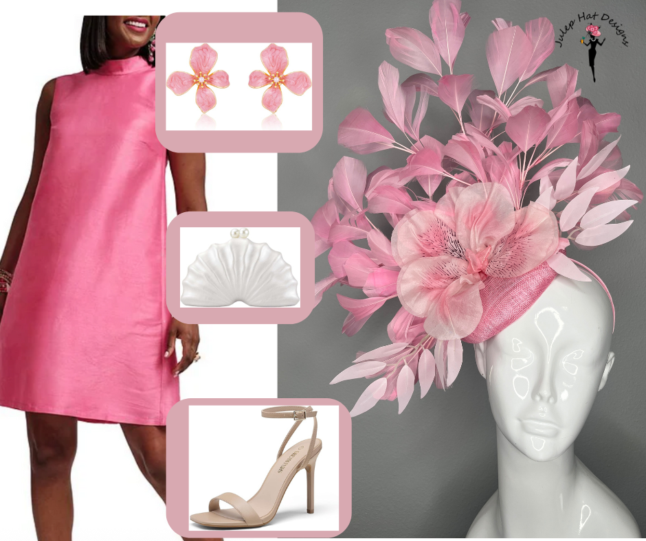 Pink Kentucky Derby Fascinator with Oversized Floral Accent and Feather Spray
