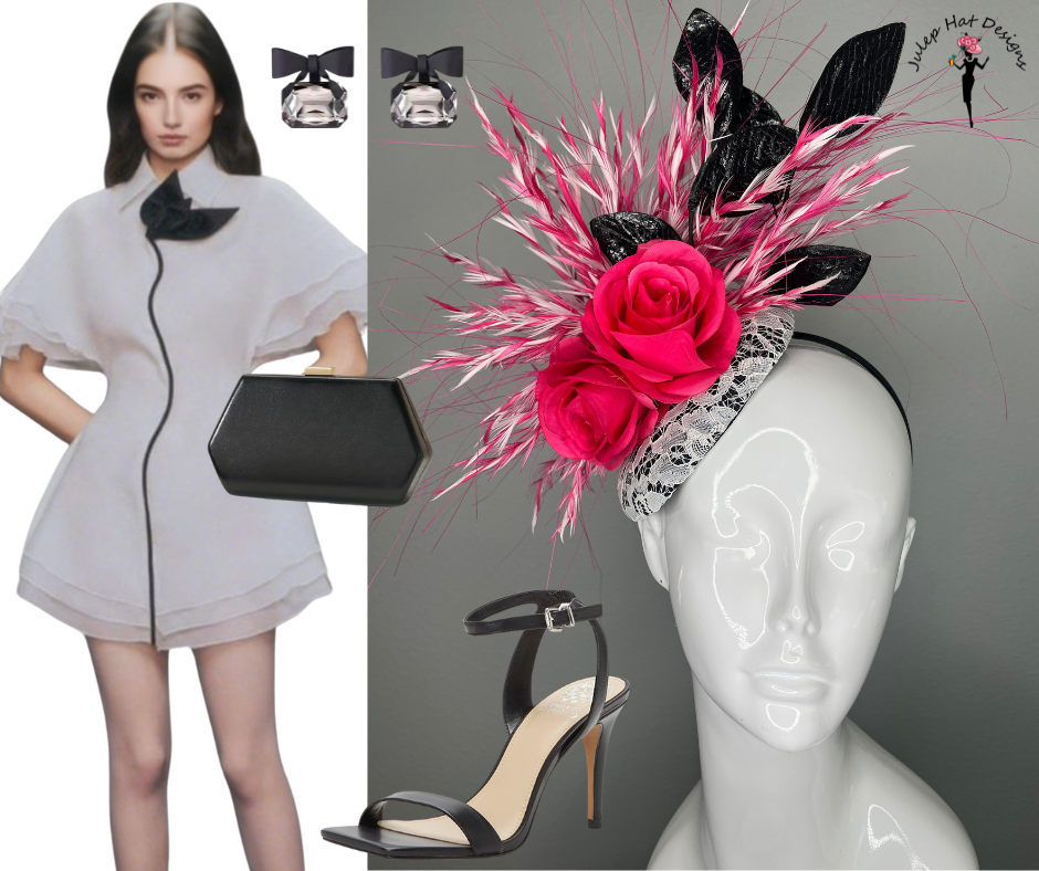 Hot Pink Rose and Black Statement Fascinator with Feather Detailing