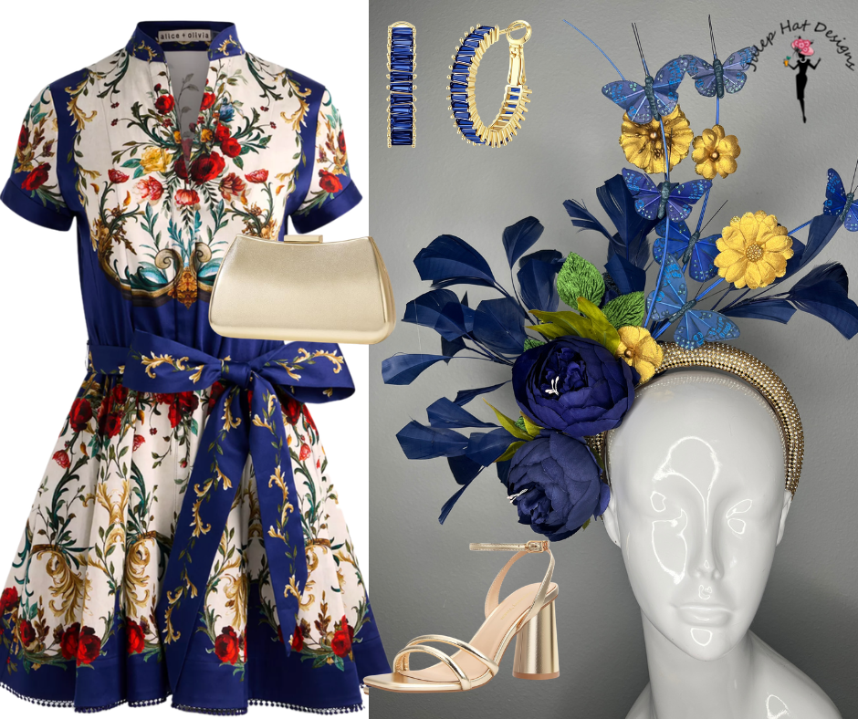 Royal Navy  Blue & Gold Butterfly Fascinator Headband | Kentucky Derby Statement Headpiece | Couture Floral Derby Hat