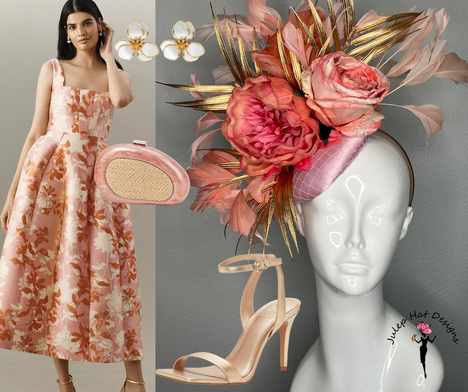 Coral Rose and Peony Fascinator with Gold Leaf Accents Elegant Derby or Wedding Headpiece